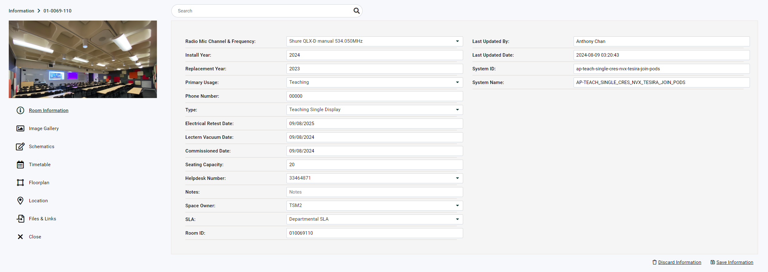 Room Information page in edit mode showing editable fields