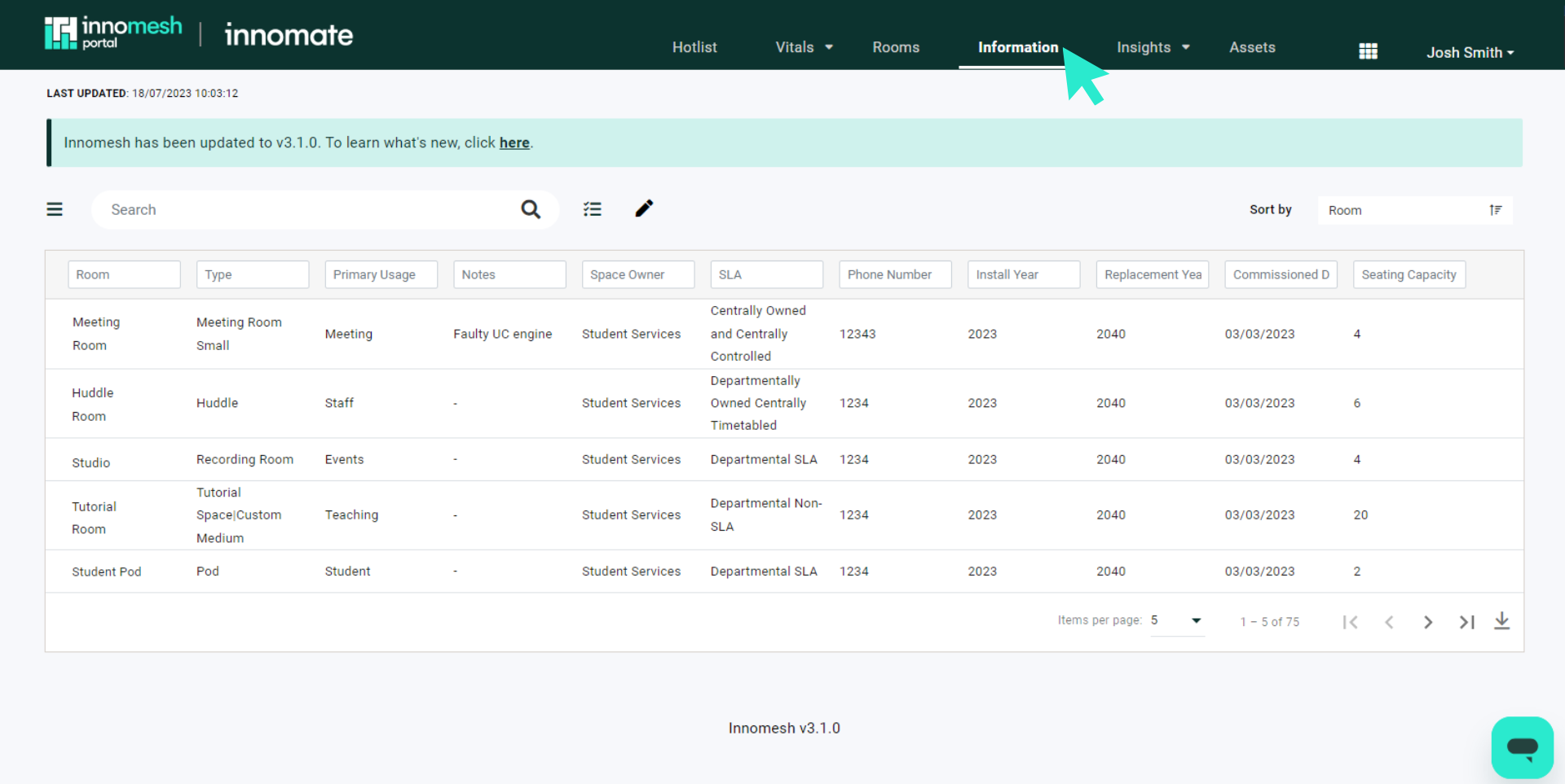 Information page list view with room metadata