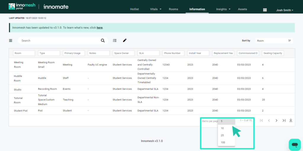 Pagination controls for adjusting rooms per page