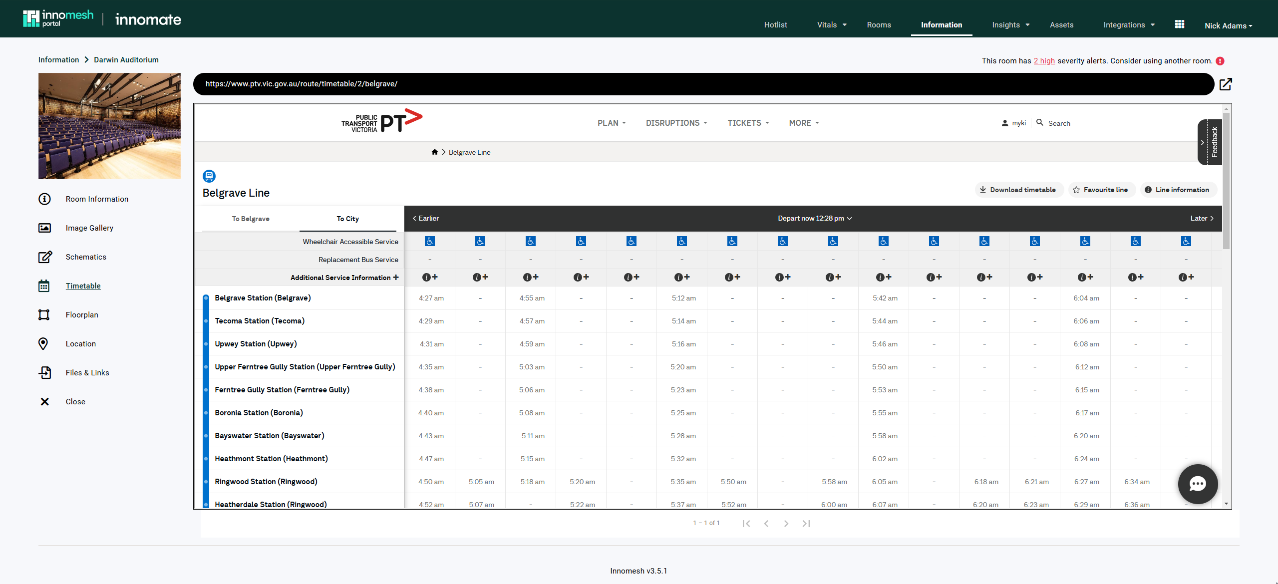 Timetable page showing embedded or pop-up view options