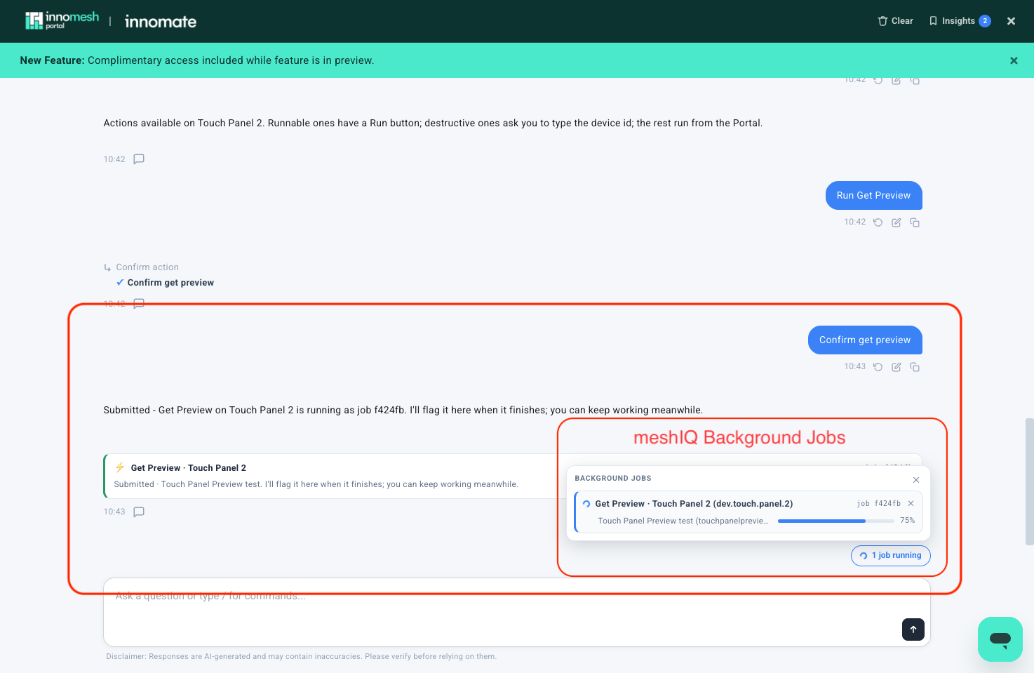 Submitted message for job f424fb beside a Background Jobs panel showing Get Preview at 75 percent