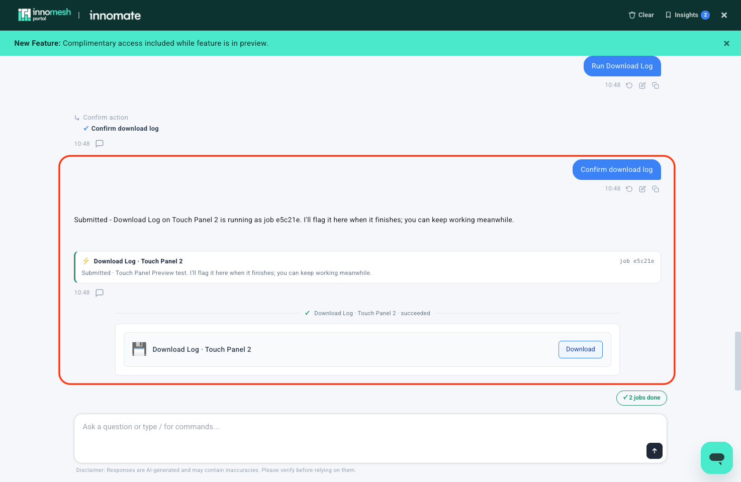 Download Log succeeded card with a Download button and a 2 jobs done indicator