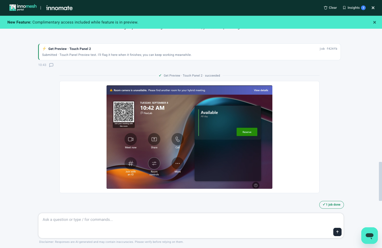 Get Preview succeeded card with an inline screenshot of the panel's home screen showing Meet now, Share, and Call buttons