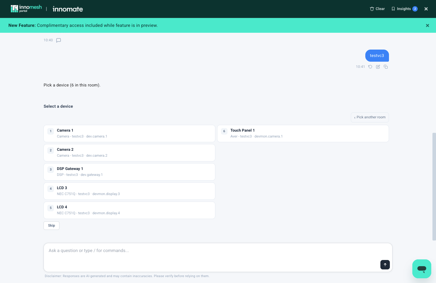 Six assets in room testvc3 listed by name, model, and device ID, with a Pick another room button