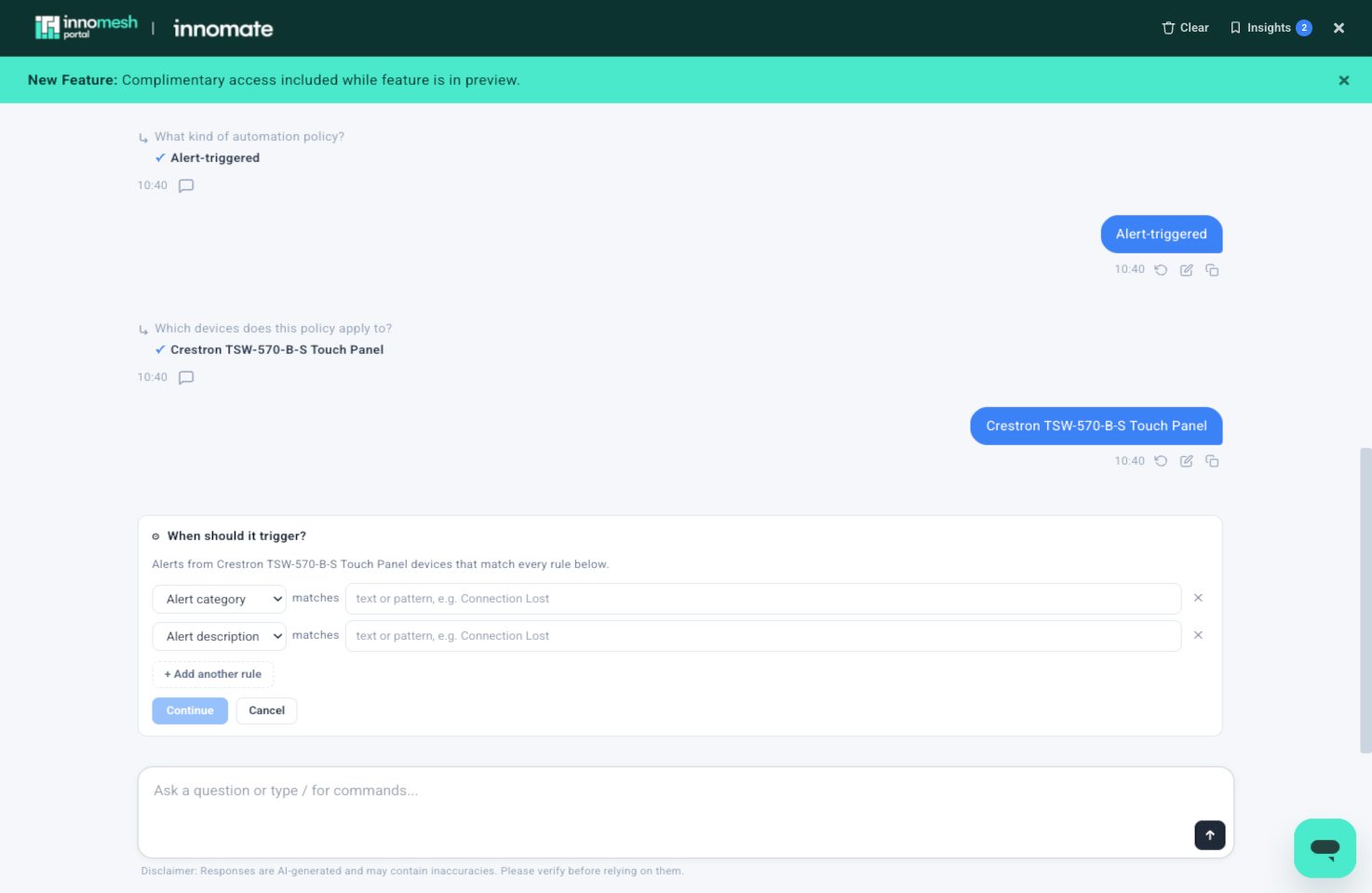 Placeholder for the alert-triggered policy conversation in meshIQ