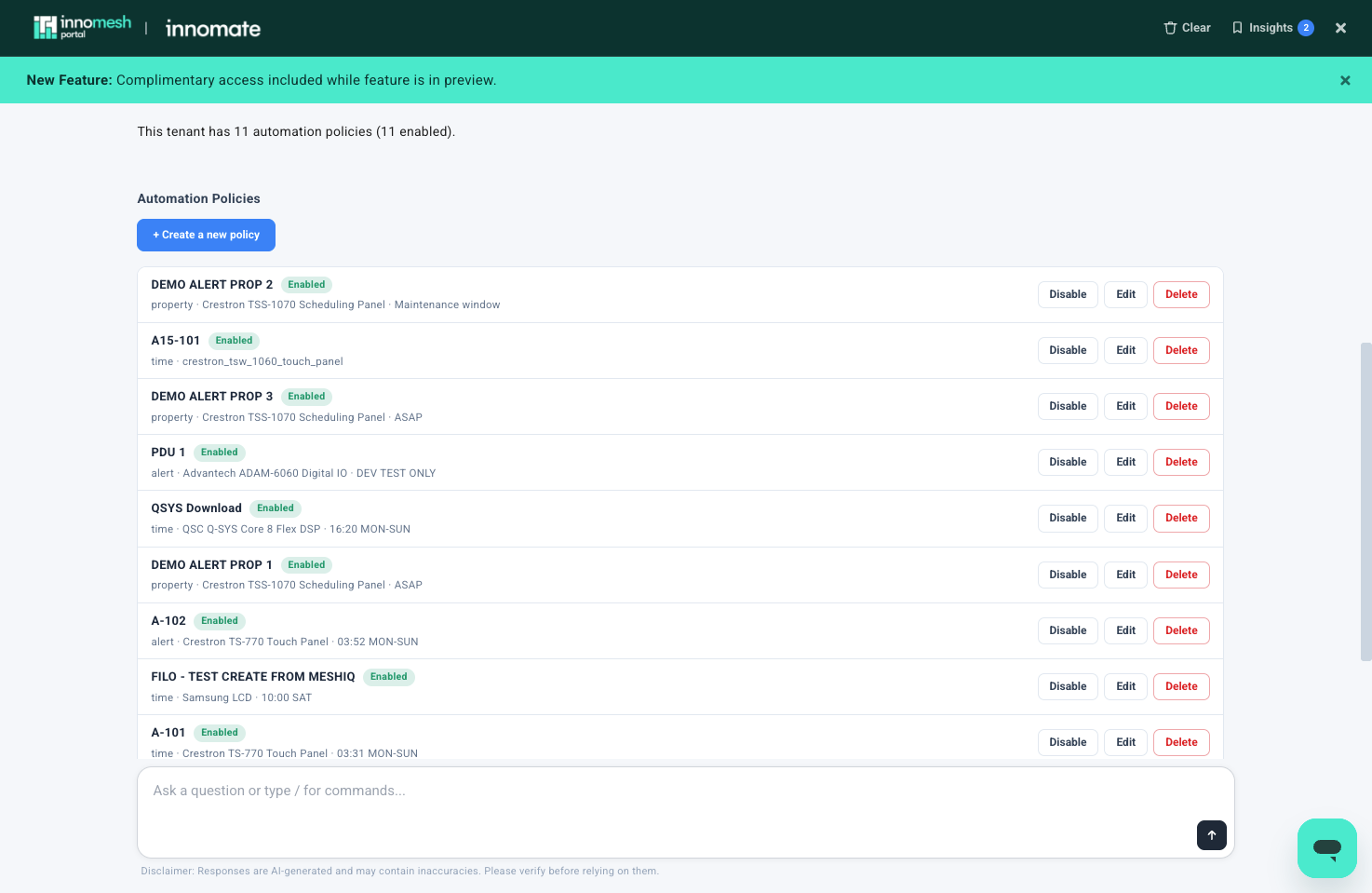 Automation Policies list of nine enabled policies showing type, asset profile, and trigger, each with Disable, Edit, and Delete buttons