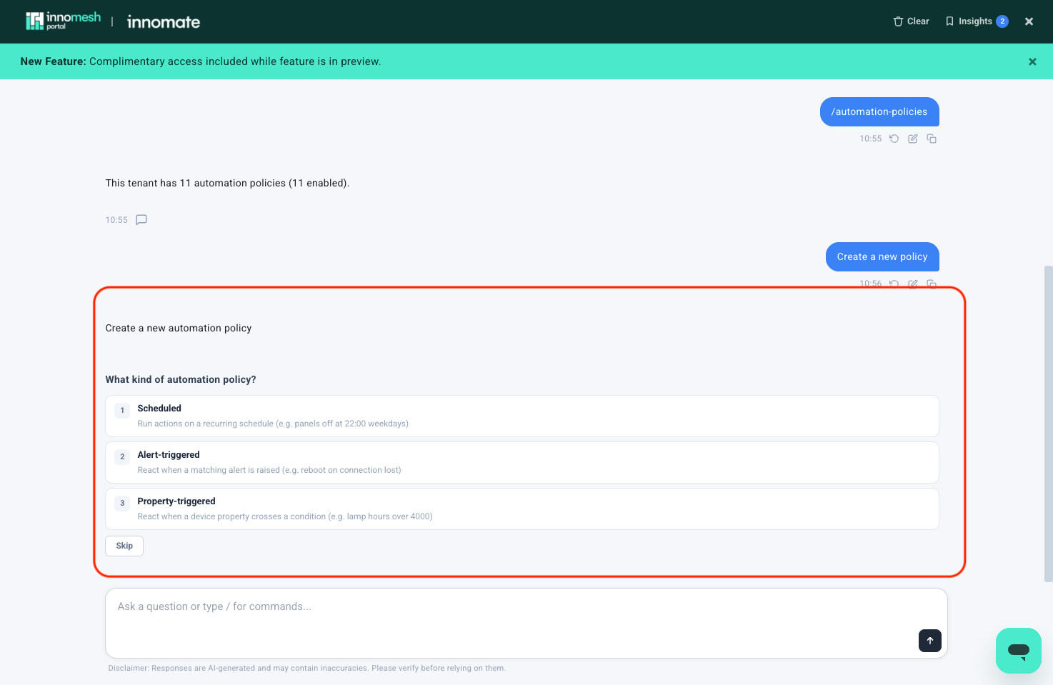Create a new automation policy prompt with three numbered choices: Scheduled, Alert-triggered, and Property-triggered, each with an example