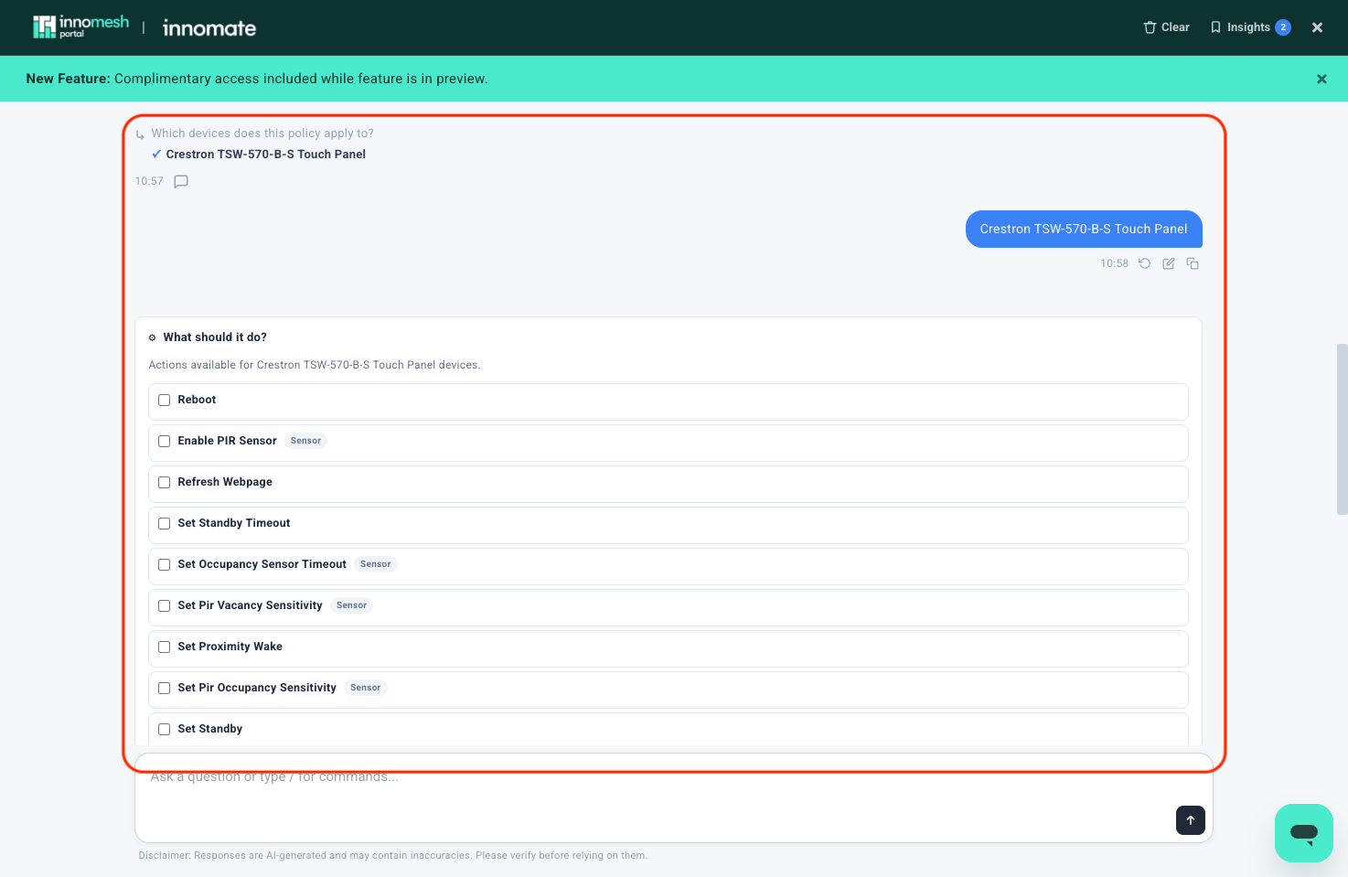 What should it do checklist of actions for Crestron TSW-570-B-S Touch Panel devices, including Reboot, Refresh Webpage, and Set Standby Timeout