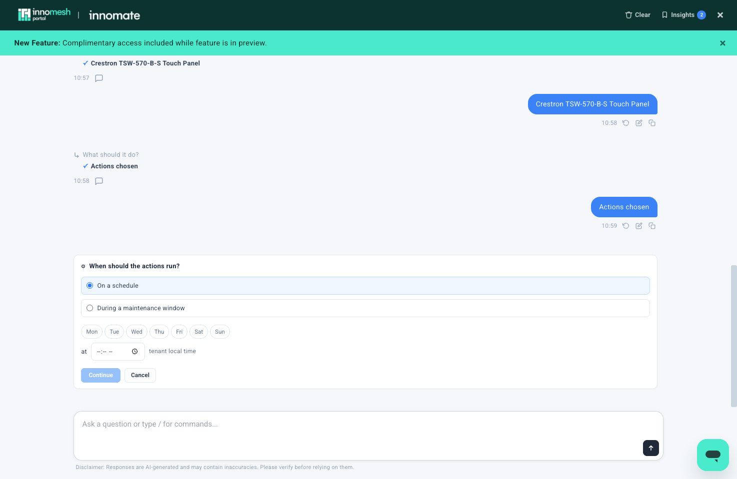 When should the actions run prompt with On a schedule selected, day pills Mon to Sun, a time field labelled tenant local time, and Continue and Cancel buttons