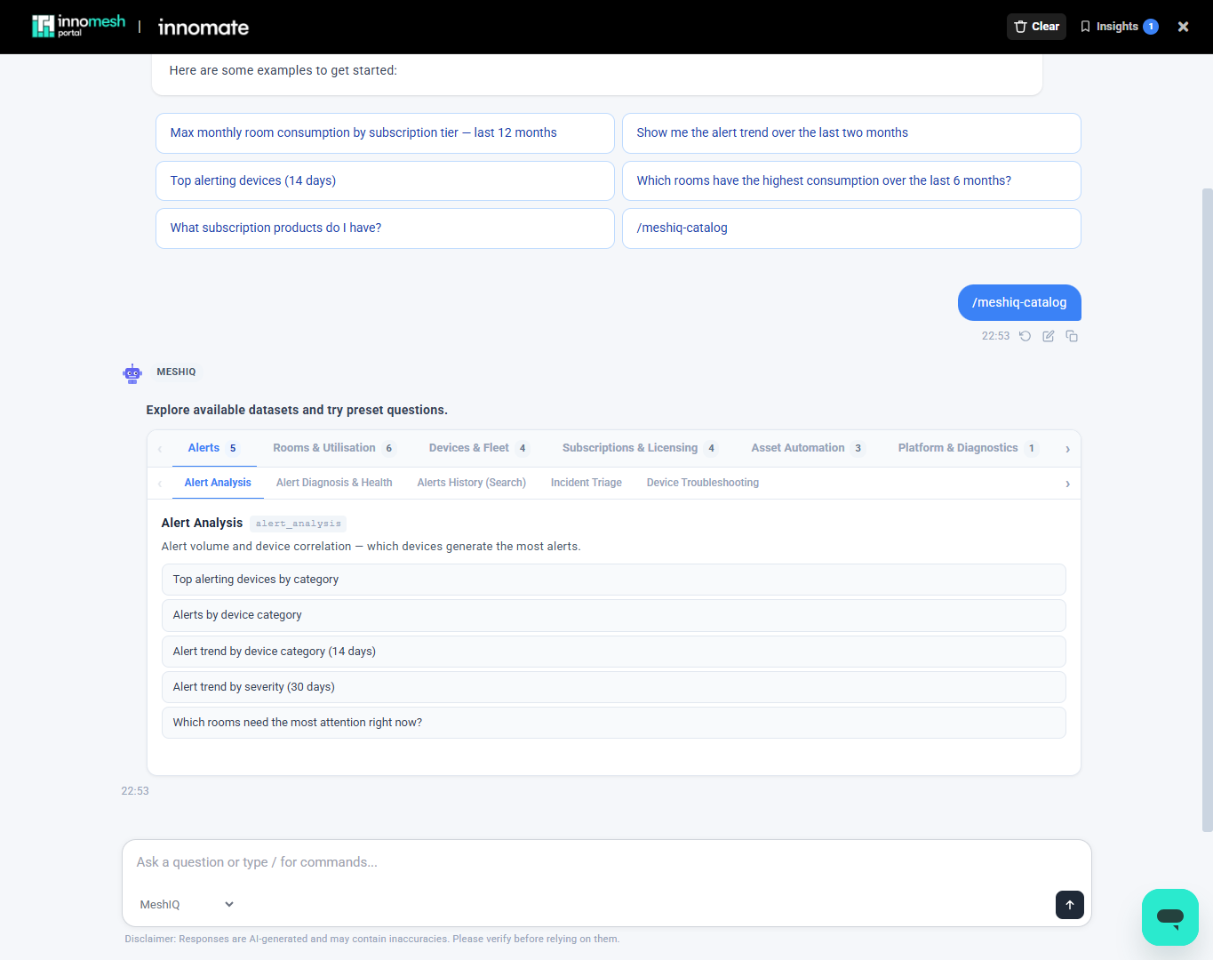 meshIQ catalogue grouping datasets into Alerts, Rooms and Utilisation, Devices and Fleet, and other categories, with preset questions listed for the selected dataset
