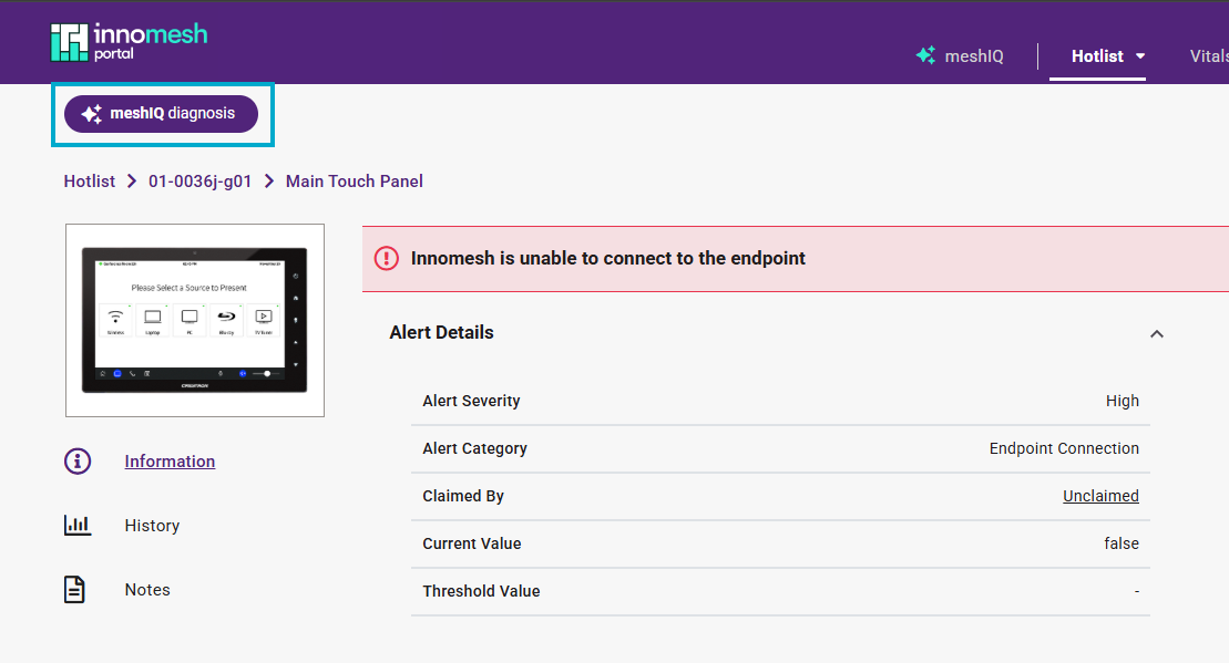 Alert detail view with the meshIQ diagnosis button highlighted, above the alert severity, category, and status fields