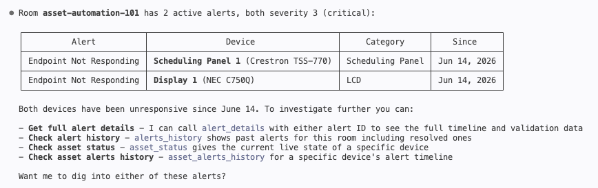 Claude Code showing two critical Endpoint Not Responding alerts for a scheduling panel and a display, with suggested follow-up tool calls