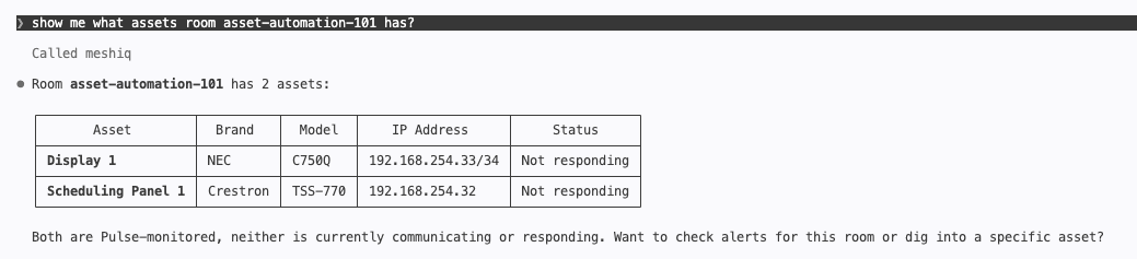 Claude Code listing two assets in room asset-automation-101, an NEC display and a Crestron scheduling panel, with brand, model, IP address, and status columns