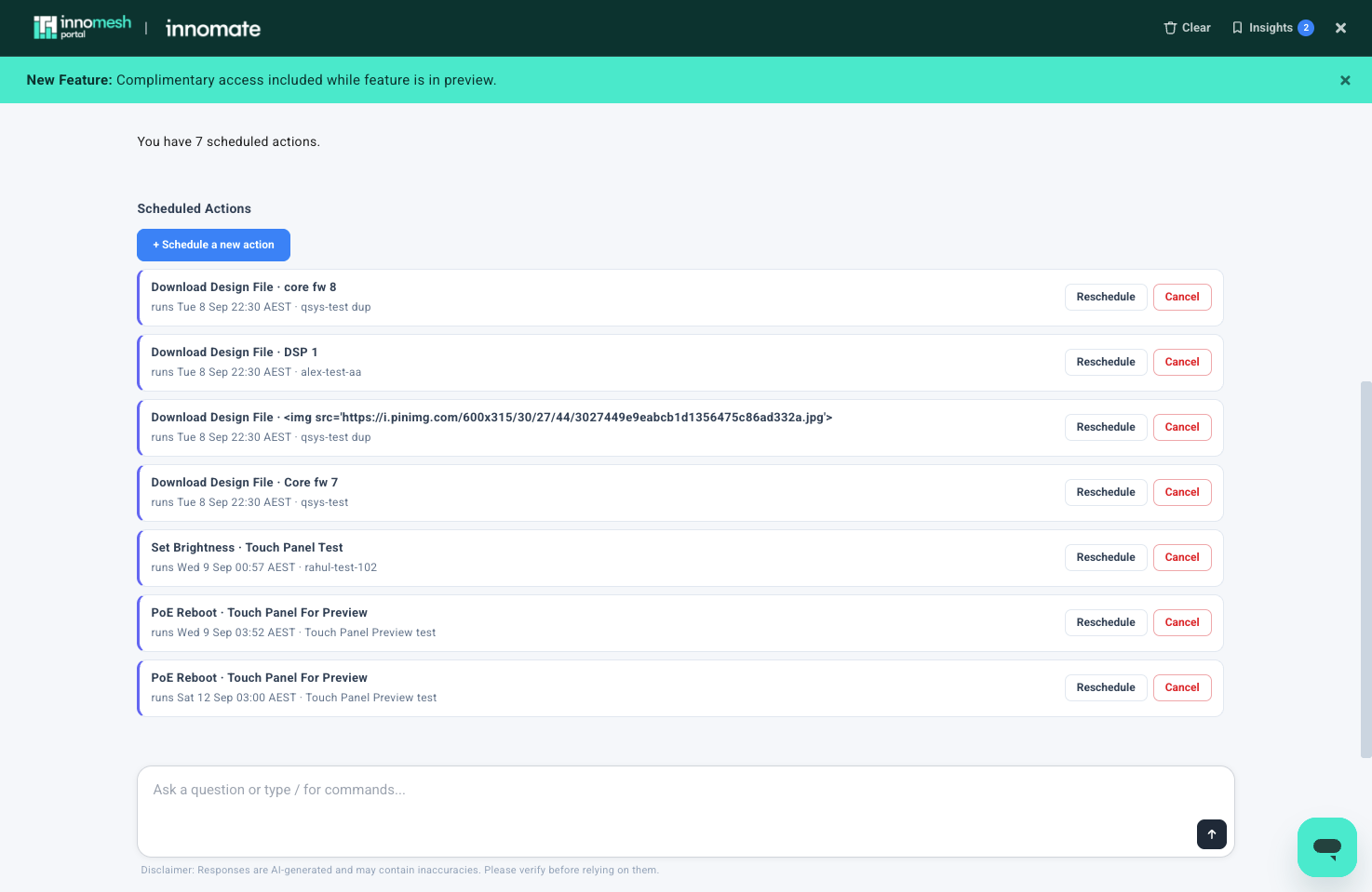 Seven scheduled actions listed with action, asset, run time, and room, each with Reschedule and Cancel buttons