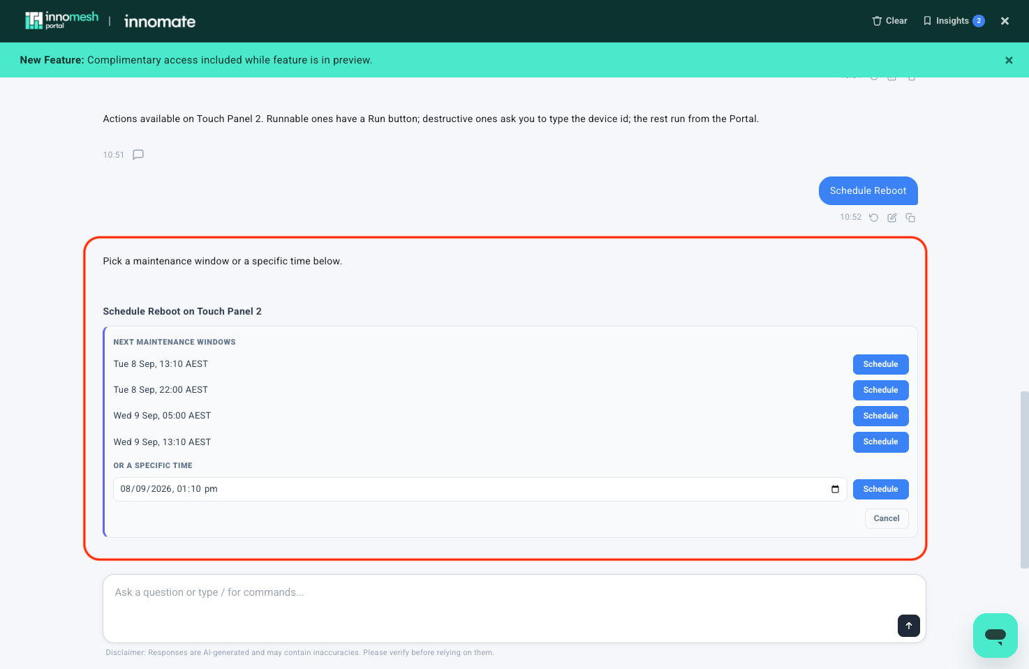 Schedule Reboot card with four upcoming maintenance windows, each with a Schedule button, and a specific date and time field