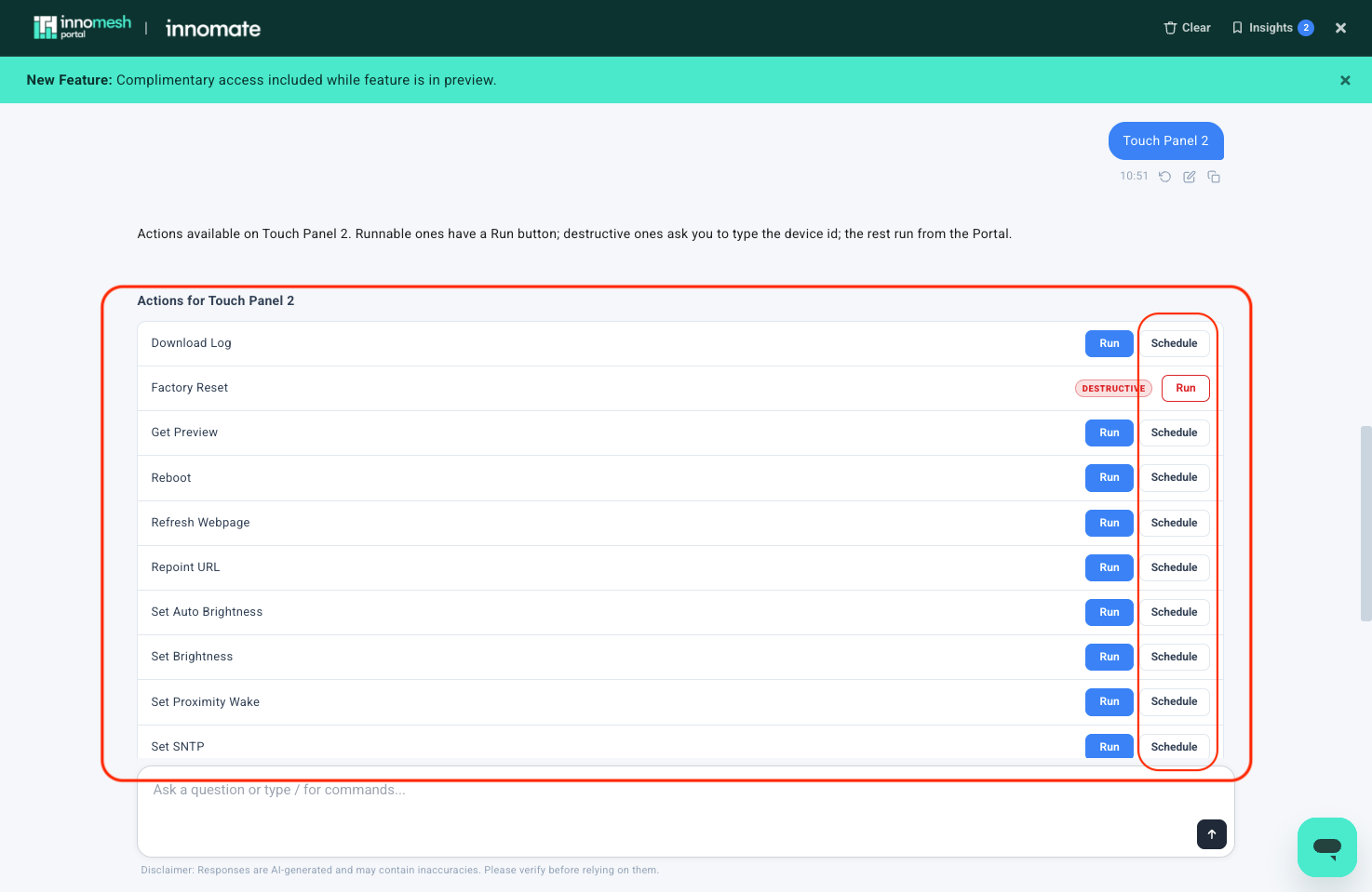 Actions for Touch Panel 2 with the column of Schedule buttons highlighted beside each Run button