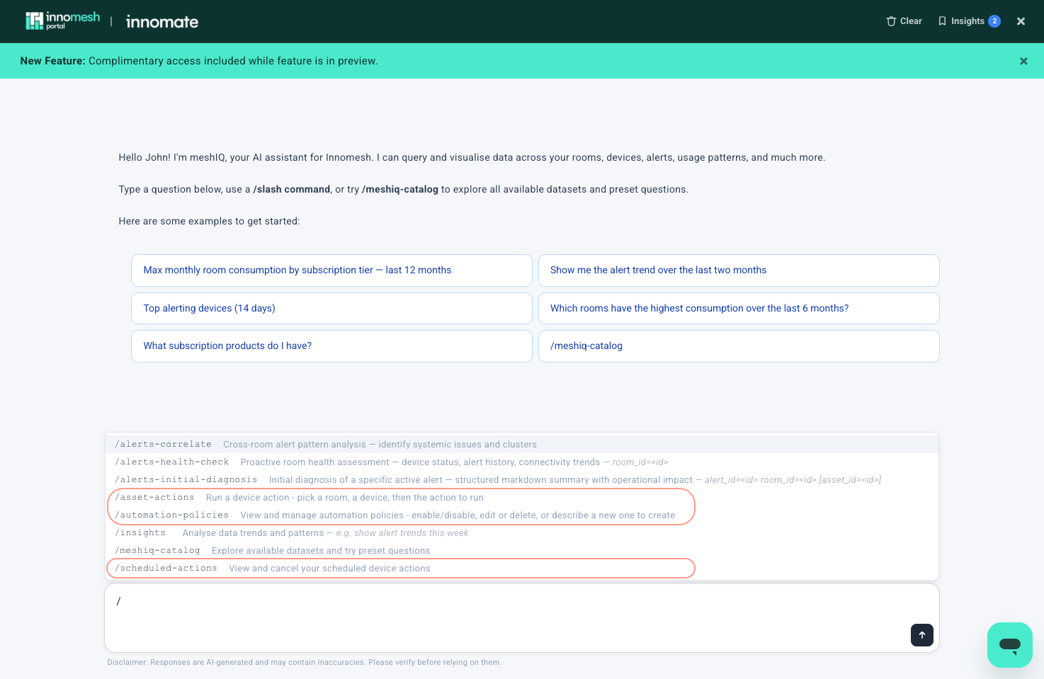 Slash command menu listing eight commands, with asset-actions, automation-policies, and scheduled-actions circled