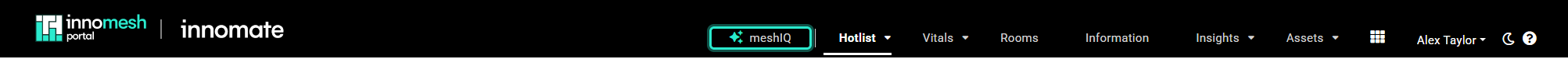 Innomesh Portal top navigation bar with the meshIQ item highlighted, to the left of Hotlist, Vitals, and Rooms