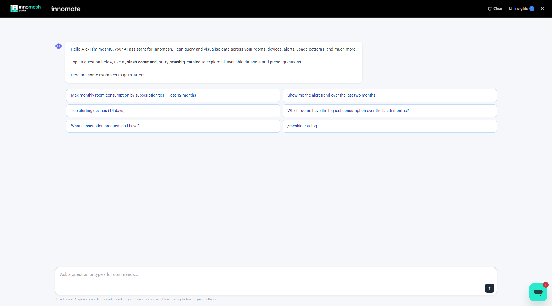 meshIQ chat panel with a greeting, preset questions, and a question input box