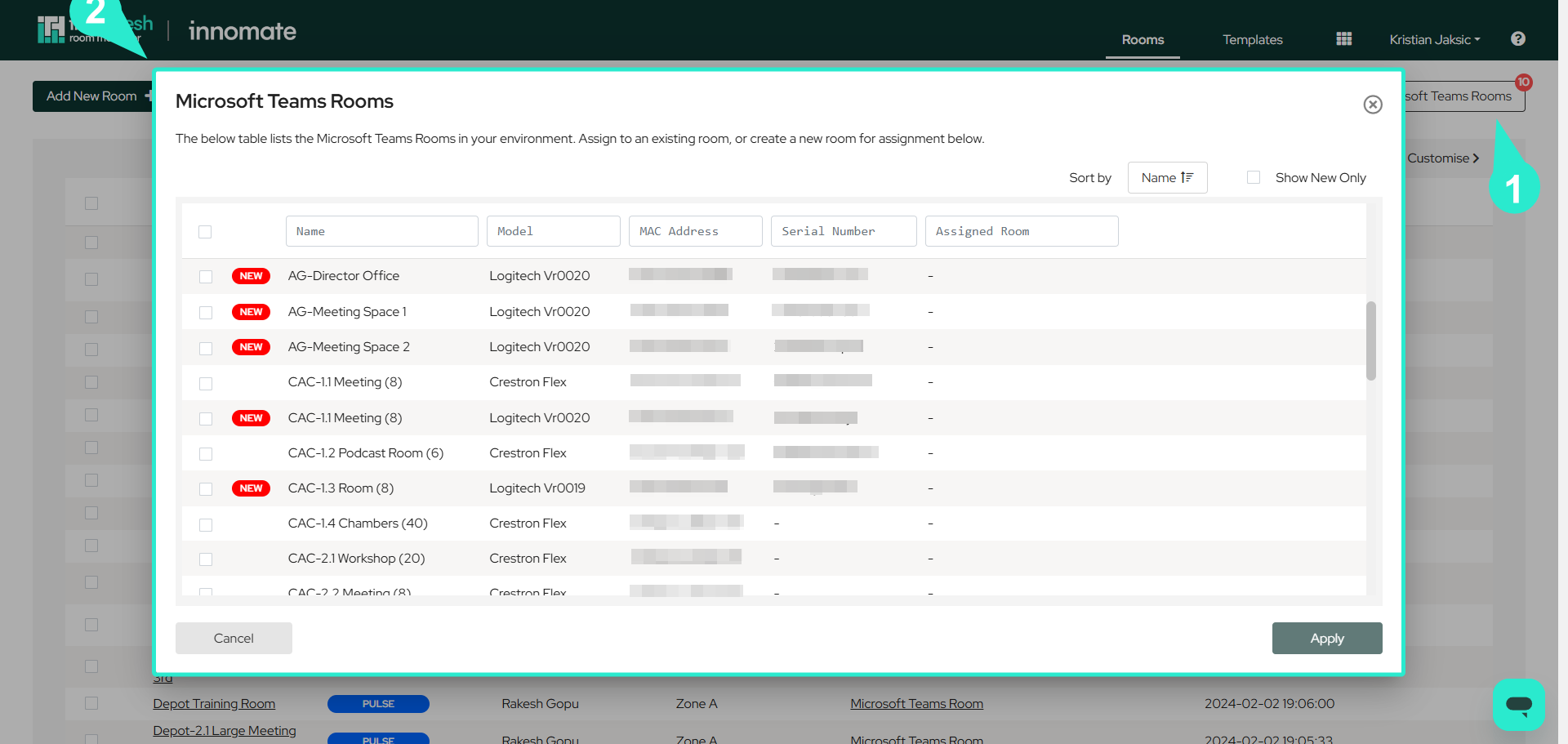 MTR configuration interface accessed from the Rooms page