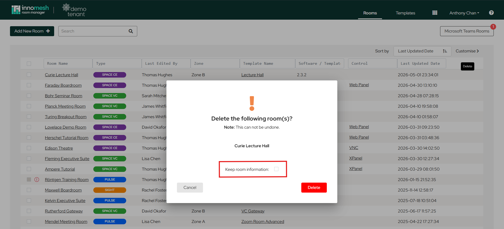 Delete room confirmation dialog with Keep room information checkbox