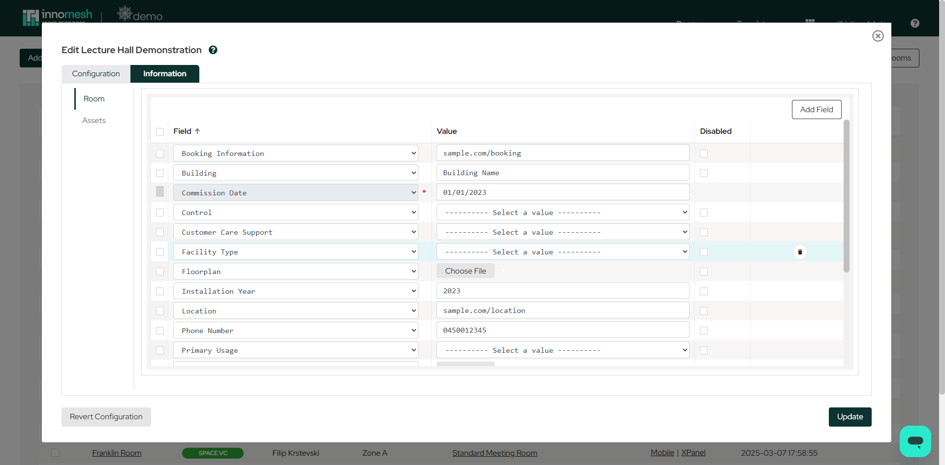 Information tab interface in Room Management