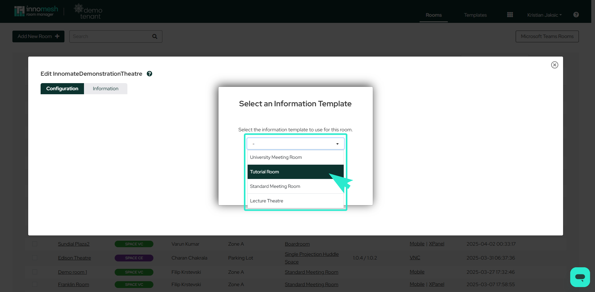 Prompt displaying available room information templates