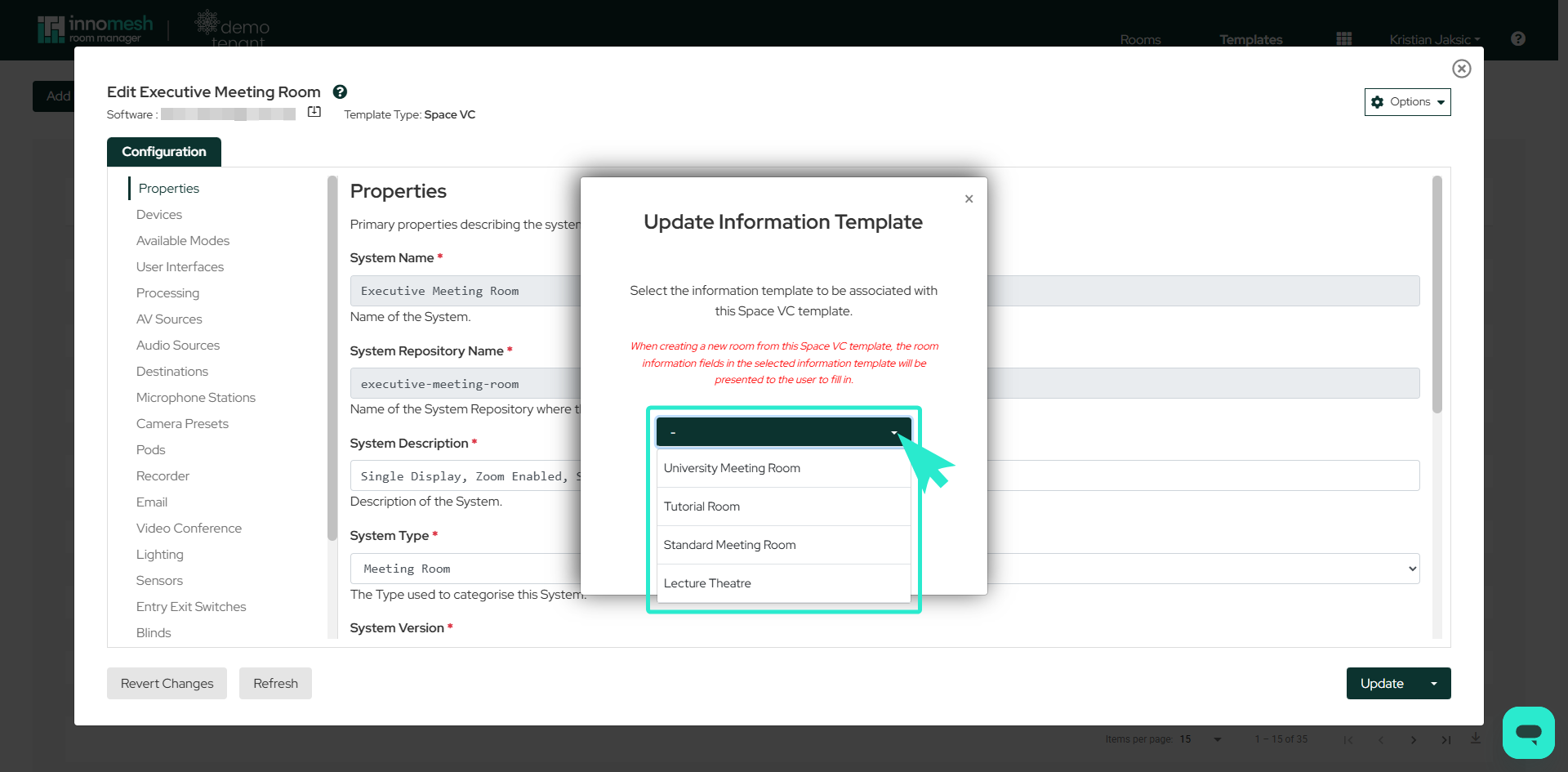 Update Information Template confirmation prompt