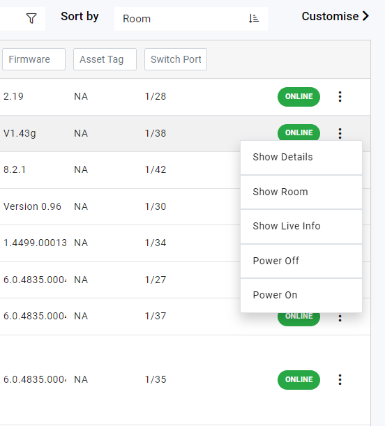 Ops dropdown menu showing available device control options
