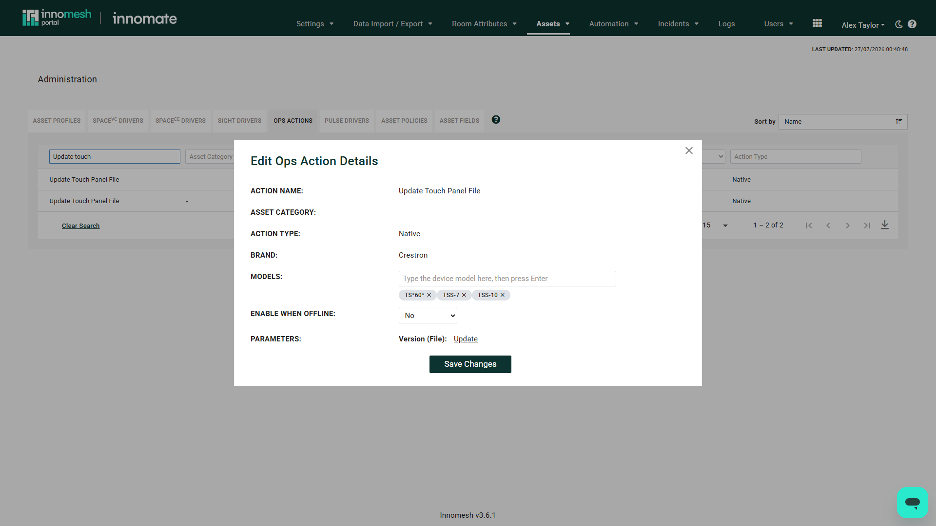 Edit Ops Action Details dialog on the Ops Actions tab, showing action name, brand, model tags, an Enable When Offline dropdown, and a version file parameter