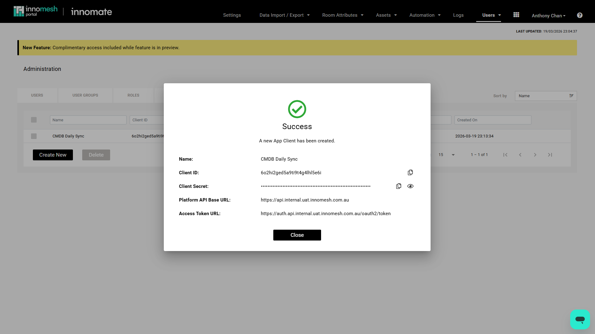 App Clients list showing CMDB Daily Sync and PowerBI Dashboards rows with their Client IDs, scope badges, creator, and creation dates