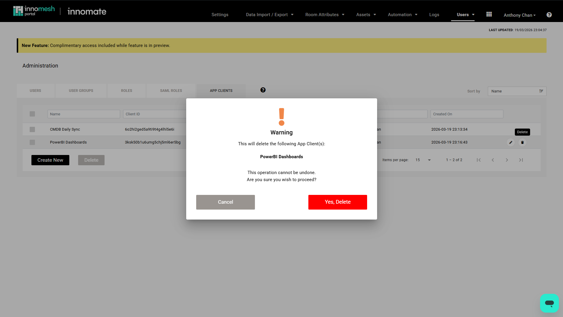 Create App Client dialog with Name CMDB Daily Sync, Client ID and Secret marked Generated on creation, and Permission Scope showing rooms plus one more