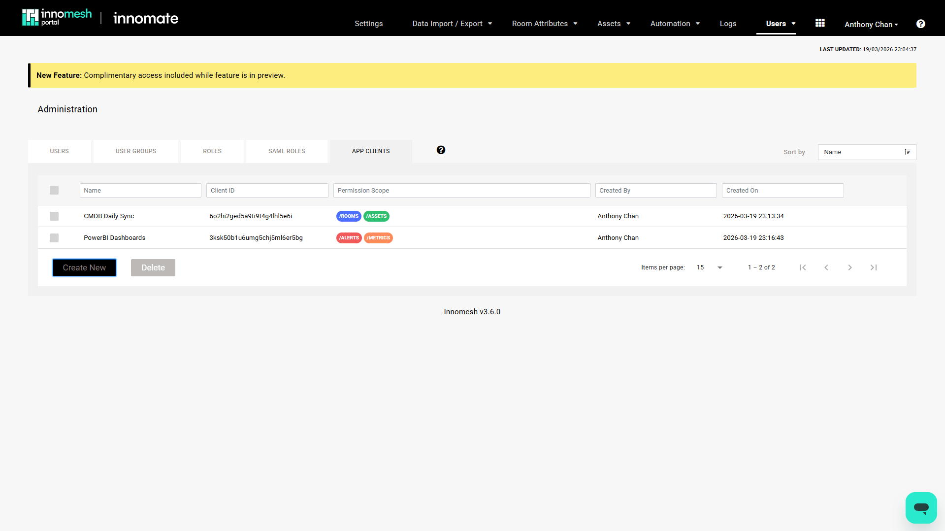 Success dialog confirming a new App Client was created, showing Name, Client ID, masked Client Secret, Platform API Base URL, and Access Token URL