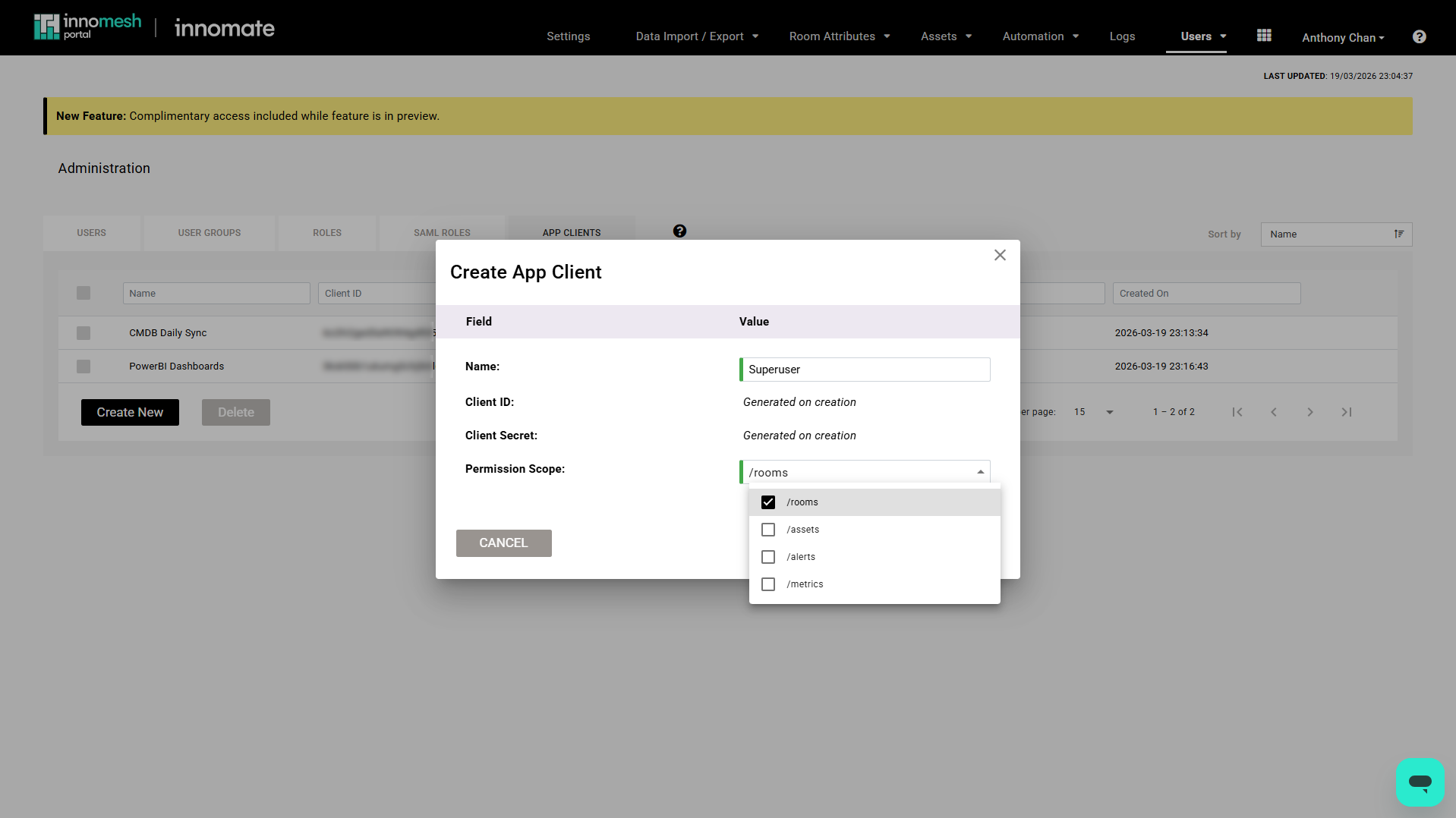 Create App Client dialog with Permission Scope dropdown open showing rooms checked and assets, alerts, and metrics options