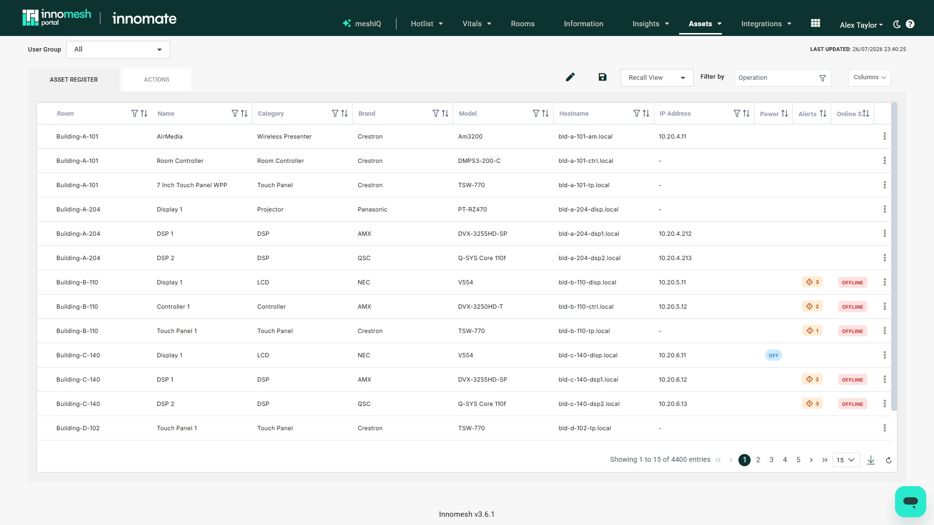 Assets page showing device inventory columns