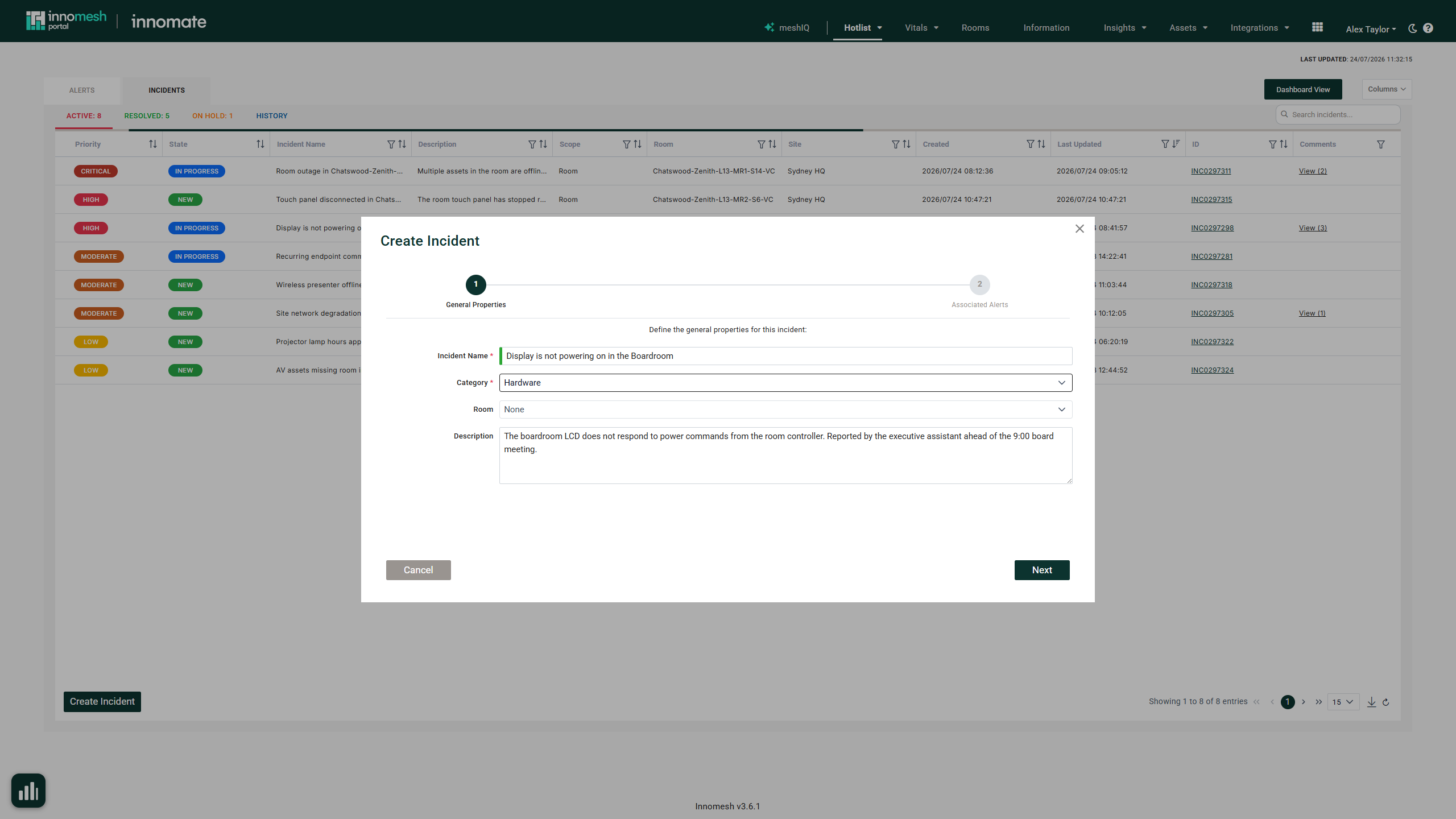 Create Incident dialog Step 1 with incident name, category, room, and description completed