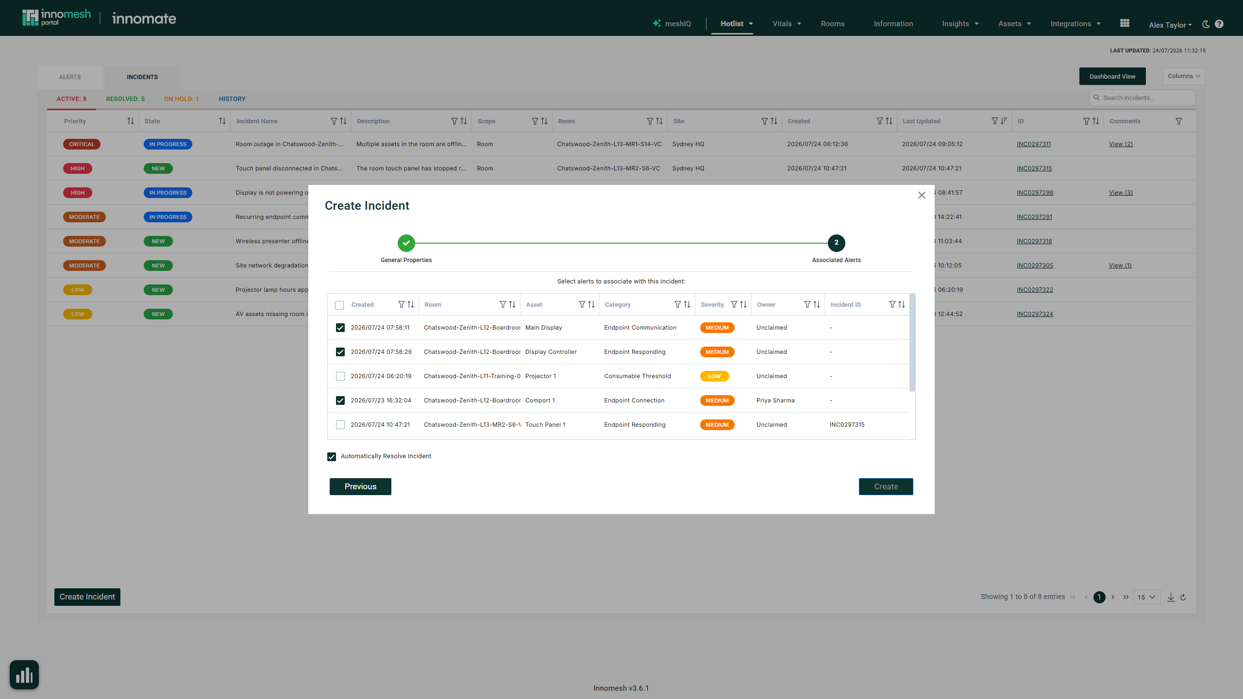 Create Incident dialog Step 2 with three alerts ticked and Automatically Resolve Incident checked