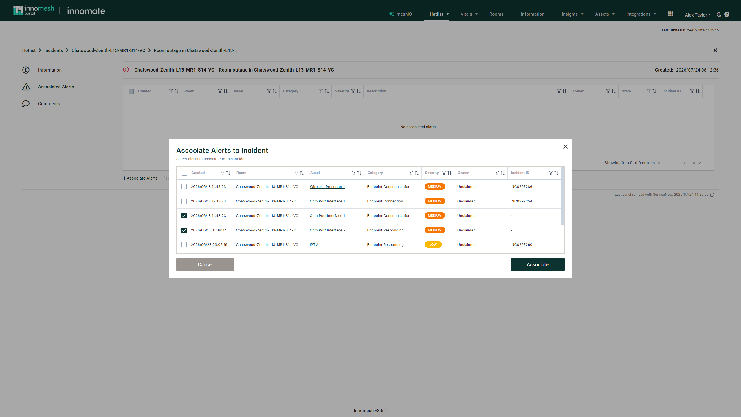 Associate Alerts dialog listing the room's alerts with two rows ticked