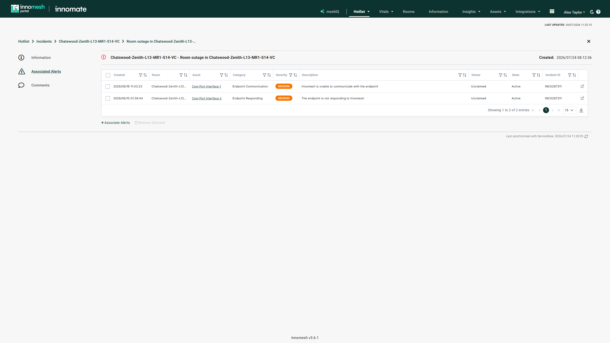 Associated Alerts table listing two alerts with severity badges and Associate Alerts and Remove Selected actions