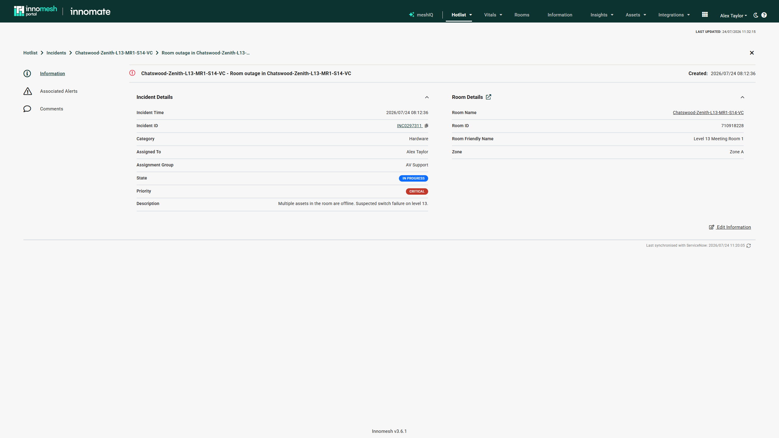 Incident detail view showing a ServiceNow incident number and the last synchronised timestamp