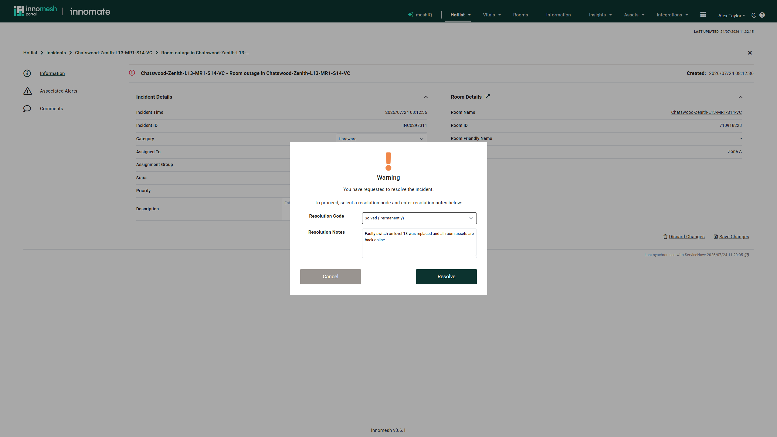 Resolve dialog with a resolution code selected, resolution notes entered, and Cancel and Resolve buttons