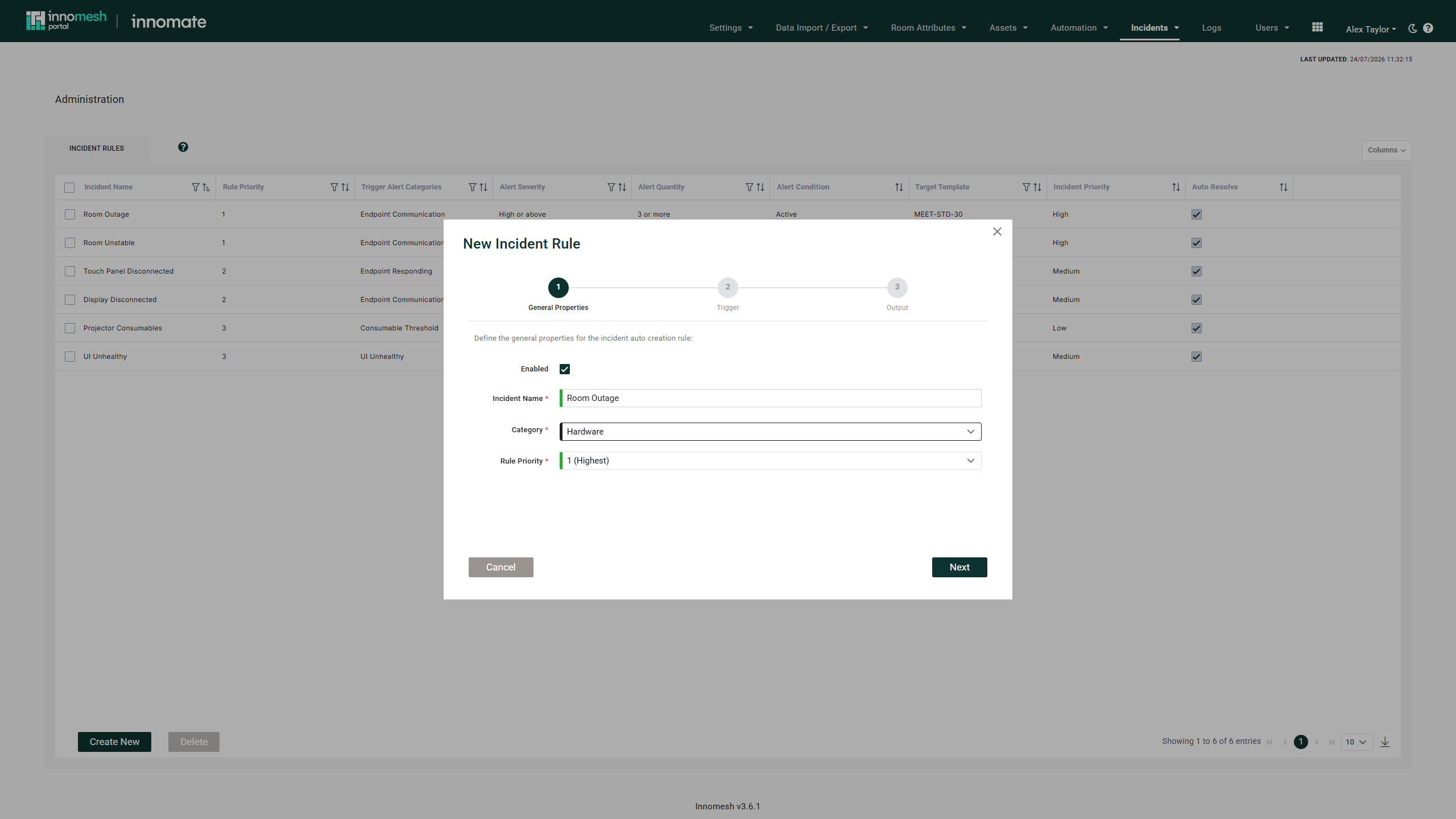 New Incident Rule wizard Step 1 with Enabled ticked and name, category, and rule priority set