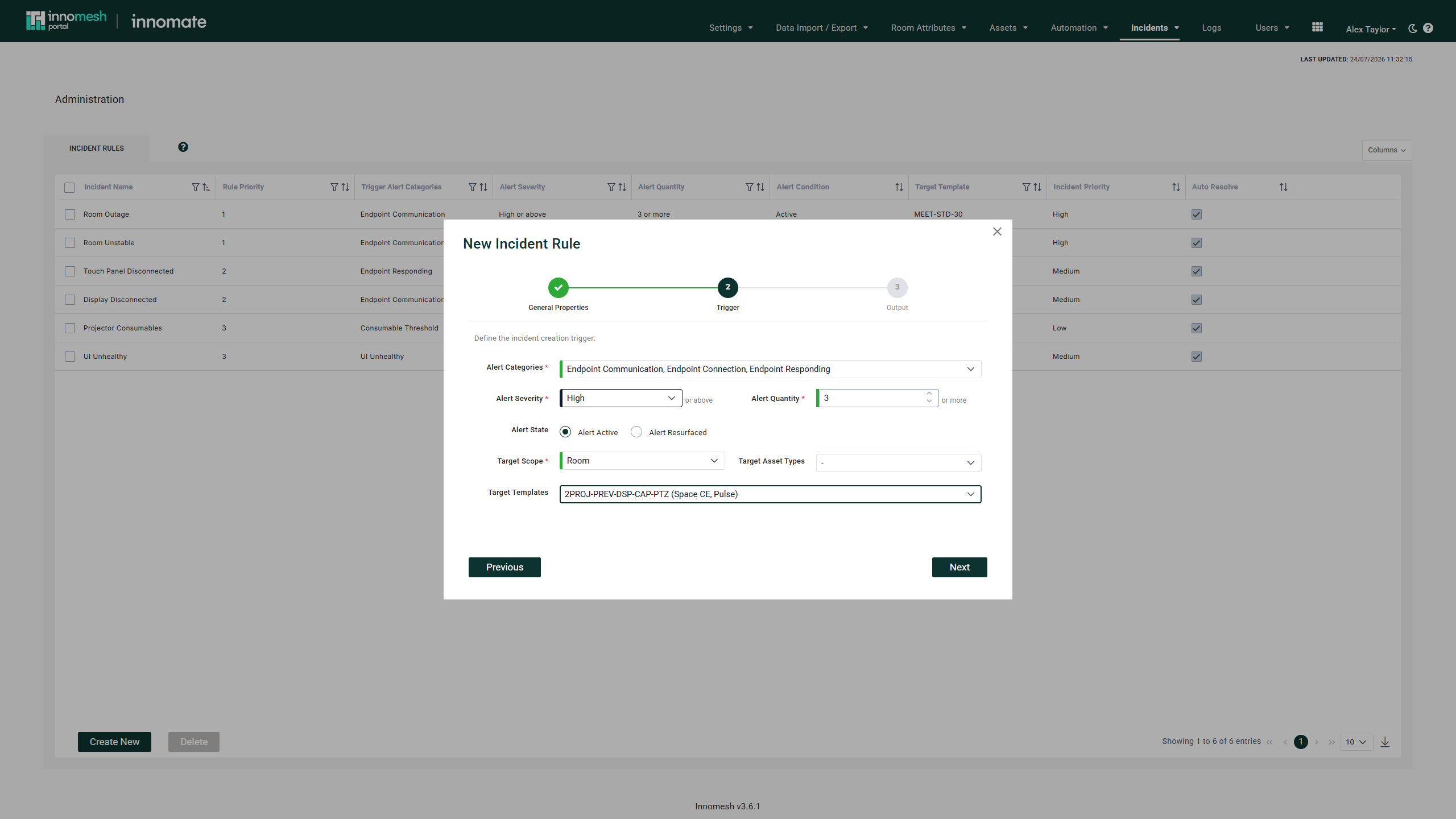 New Incident Rule wizard Step 2 with alert categories, severity, quantity, state, scope, and target template set