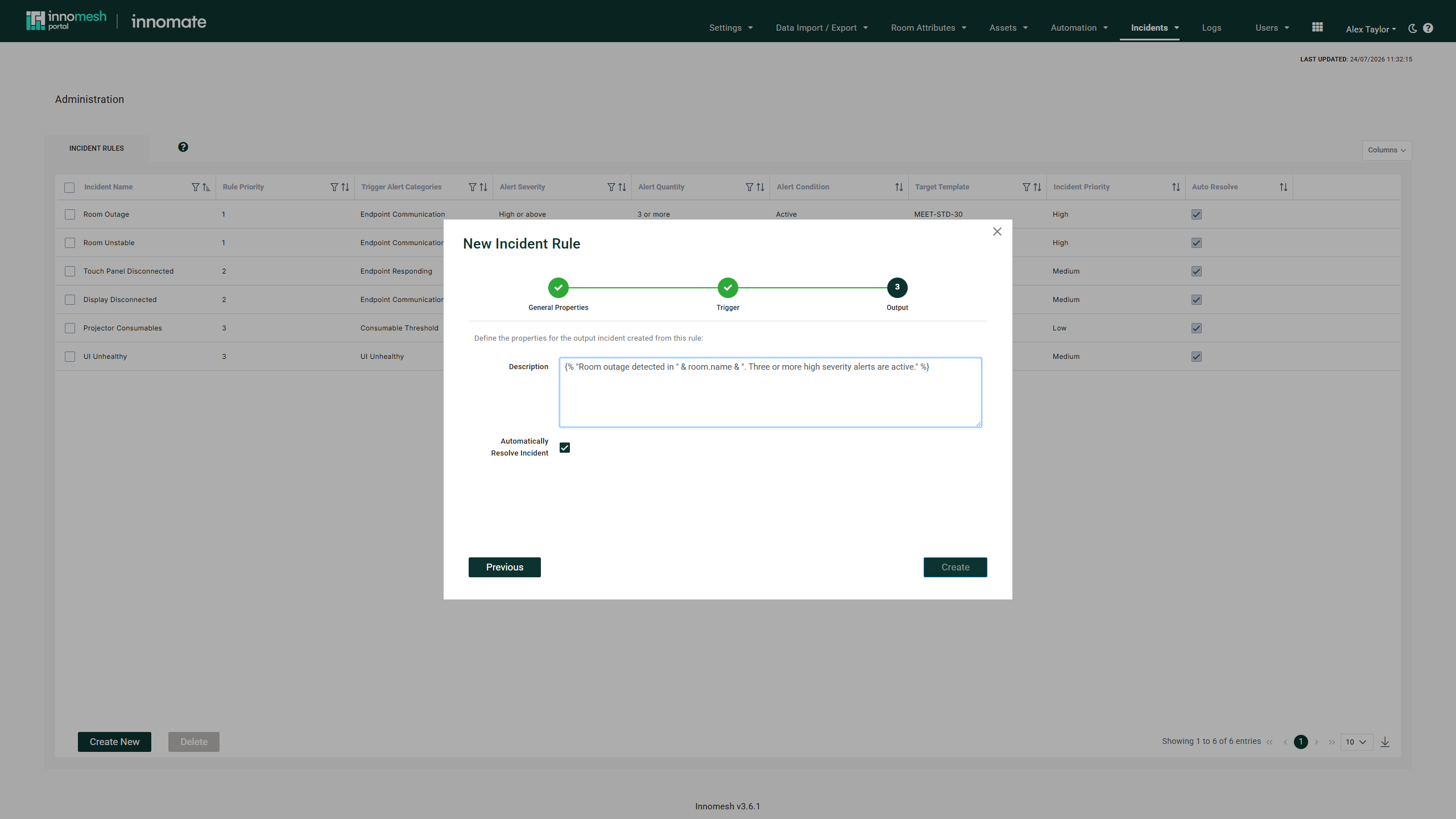 New Incident Rule wizard Step 3 with a JSONata description template and Automatically Resolve Incident ticked