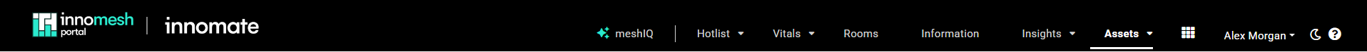 Portal navigation bar with meshIQ, Hotlist, Vitals, Rooms, Information, Insights, and Assets, plus the platform menu, user menu, and theme toggle
