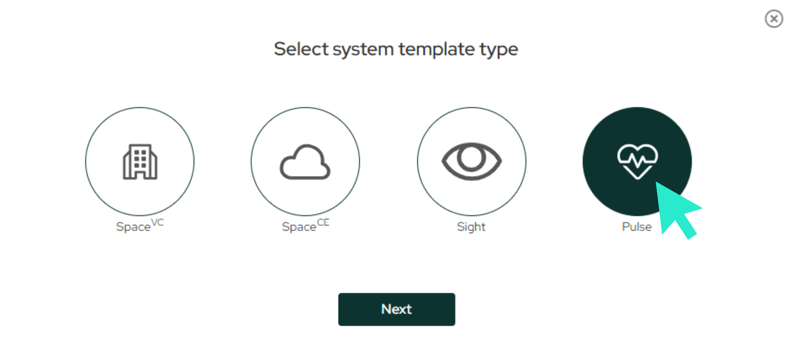 Select system template type dialog with Space VC, Space CE, Sight, and Pulse options; Pulse is selected