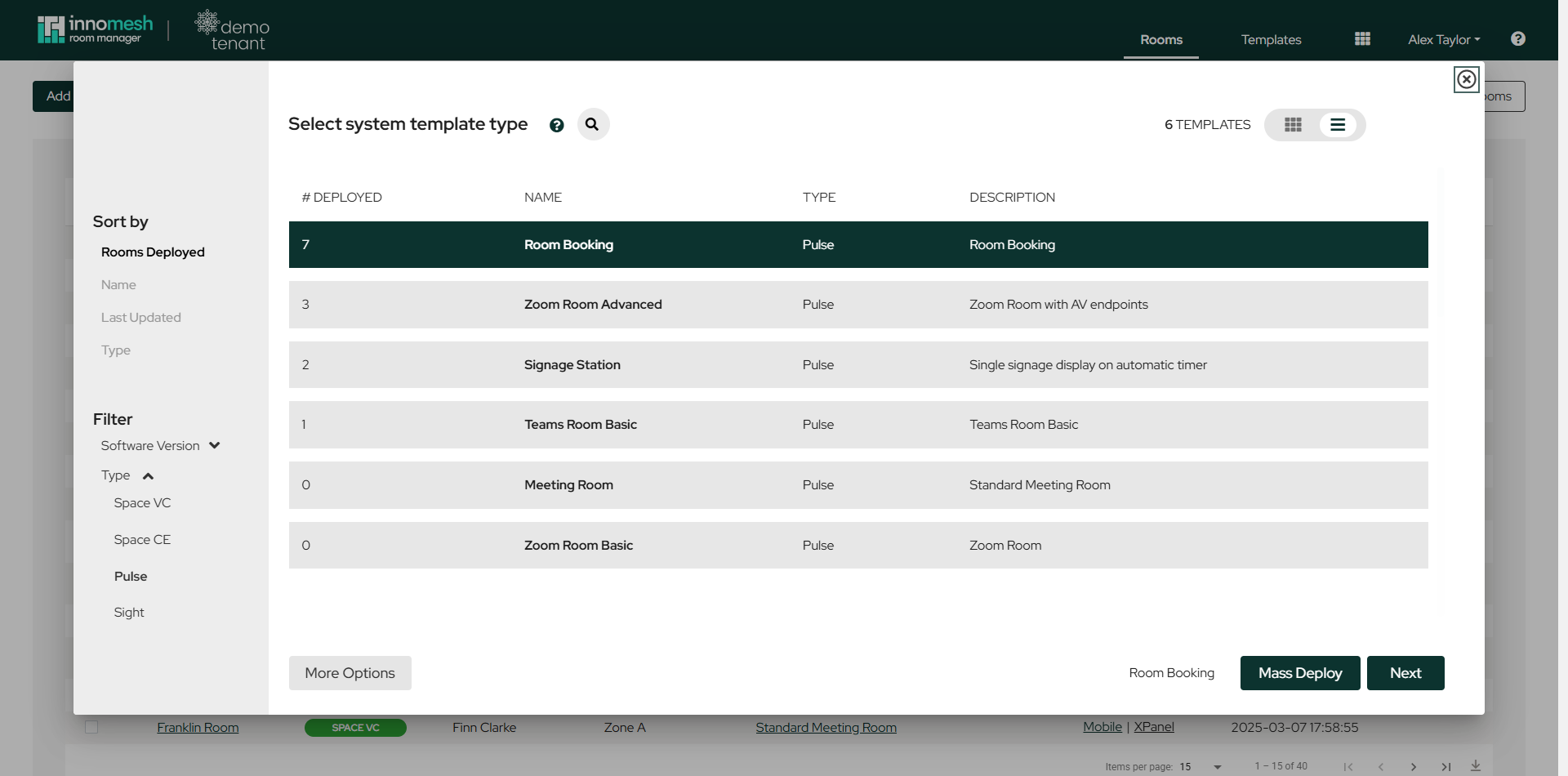 Template picker in list view filtered to the Pulse type, with a Pulse template selected