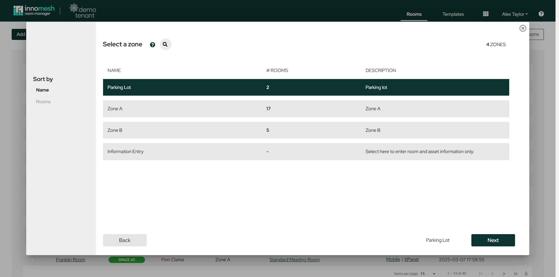Zone selection dialog with the Parking Lot zone selected