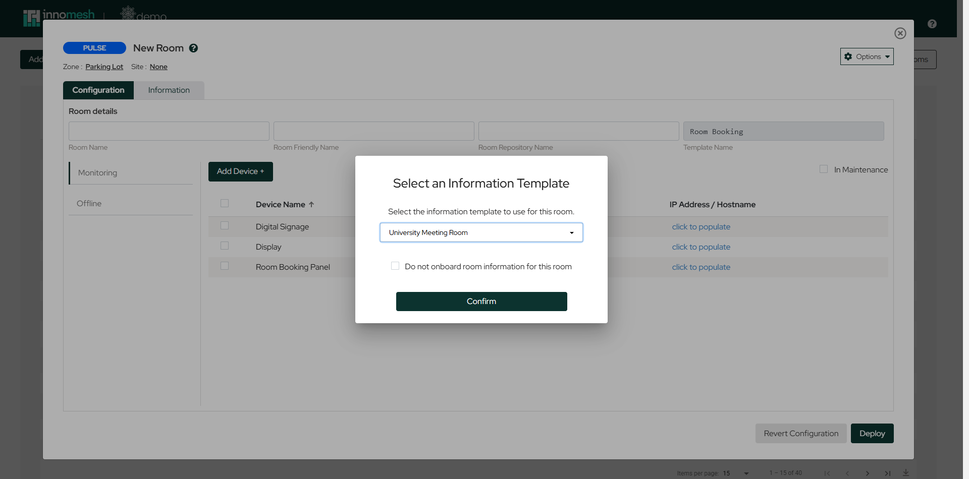 Select an Information Template dialog with a template chosen and a skip checkbox