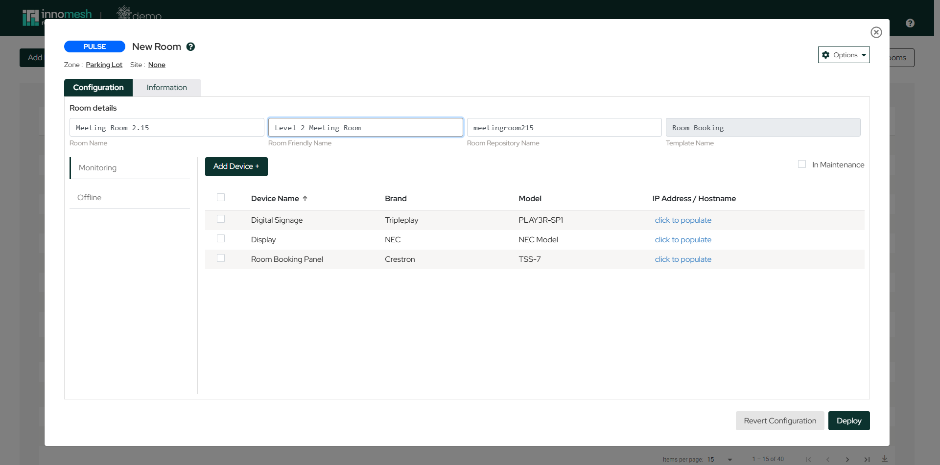 New Pulse room configuration view with room details, inherited device list, and Deploy button